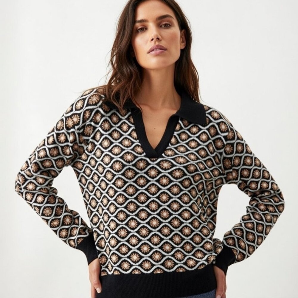 🌟Tahari Geometric Print Collared V-Neck Knit Sweater NWT XL Black Gold